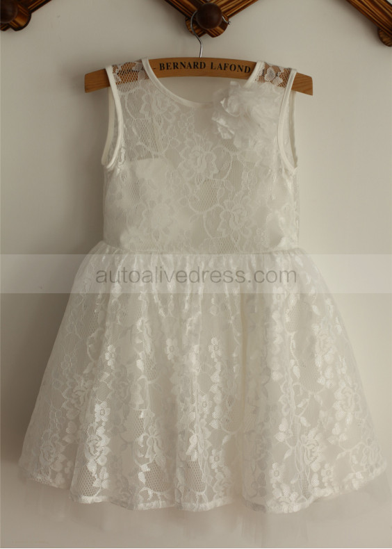 Ivory Lace Deep V Back Tulle Knee Length Flower Girl Dress